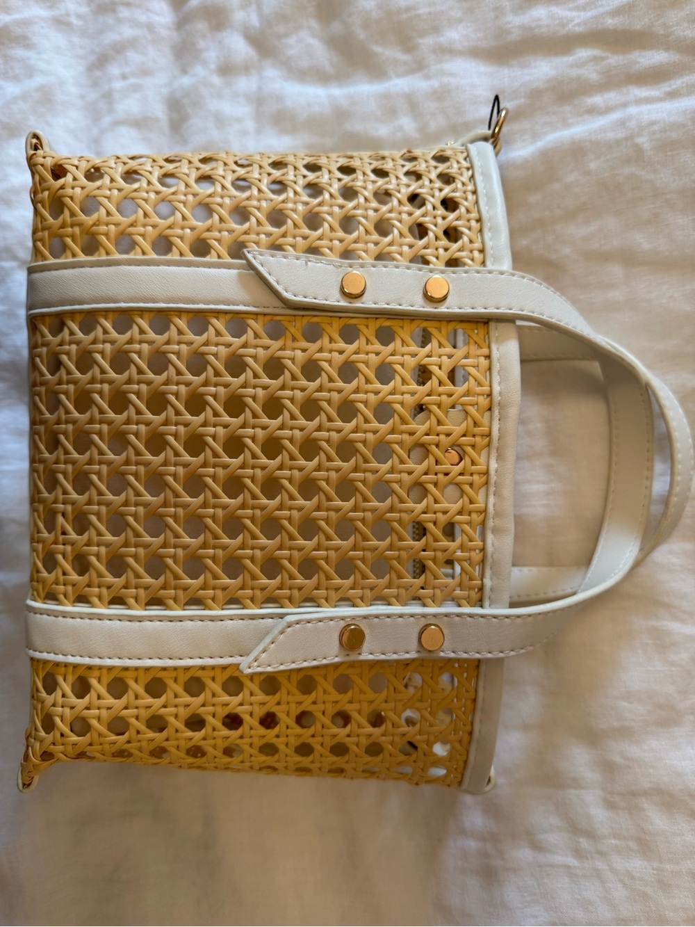 Yellow and White Woven Tote Bag with Gold Accents